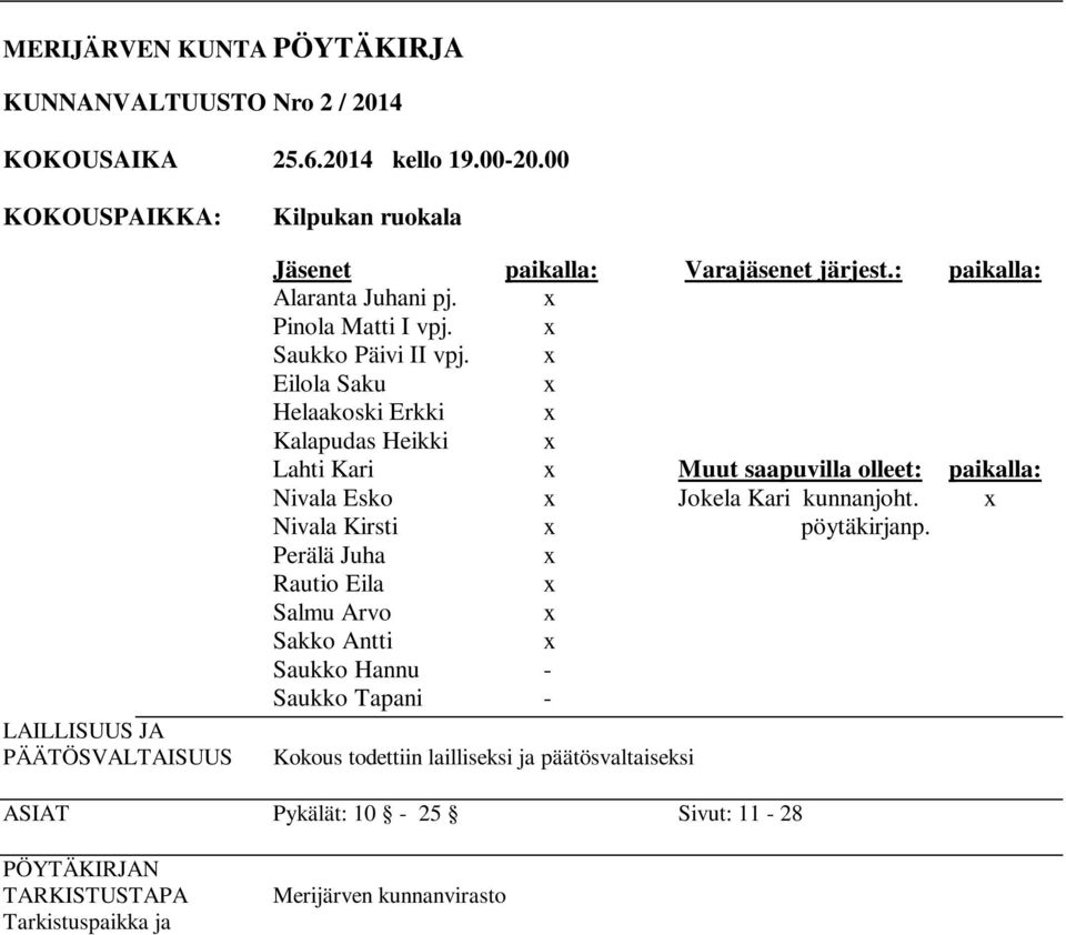 x Eilola Saku x Helaakoski Erkki x Kalapudas Heikki x Lahti Kari x Muut saapuvilla olleet: paikalla: Nivala Esko x Jokela Kari kunnanjoht. x Nivala Kirsti x pöytäkirjanp.