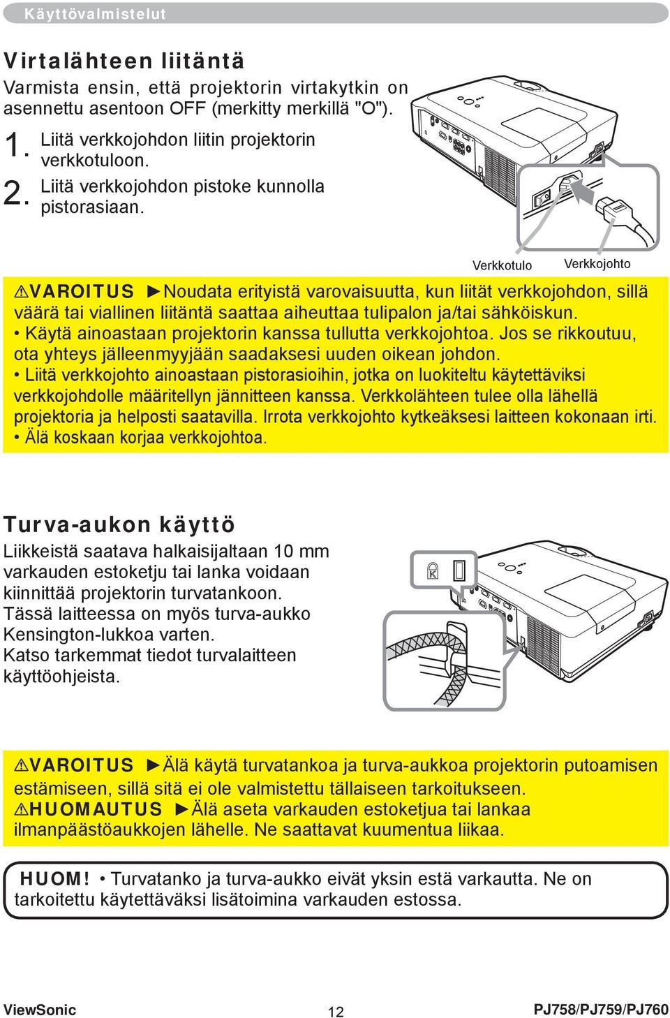 Verkkotulo Verkkojohto VAROITUS Noudata erityistä varovaisuutta, kun liität verkkojohdon, sillä väärä tai viallinen liitäntä saattaa aiheuttaa tulipalon ja/tai sähköiskun.