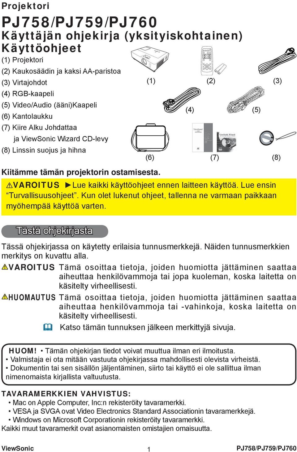ViewSonic Wizard CD-levy (8) Linssin suojus ja hihna Kiitämme tämän projektorin ostamisesta. VAROITUS Lue kaikki käyttöohjeet ennen laitteen käyttöä. Lue ensin Turvallisuusohjeet.