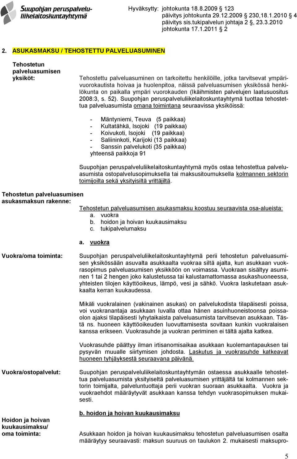 Suupohjan peruspalveluliikelaitoskuntayhtymä tuottaa tehostettua palveluasumista omana toimintana seuraavissa yksiköissä: - Mäntyniemi, Teuva (5 paikkaa) - Kultatähkä, Isojoki (19 paikkaa) -