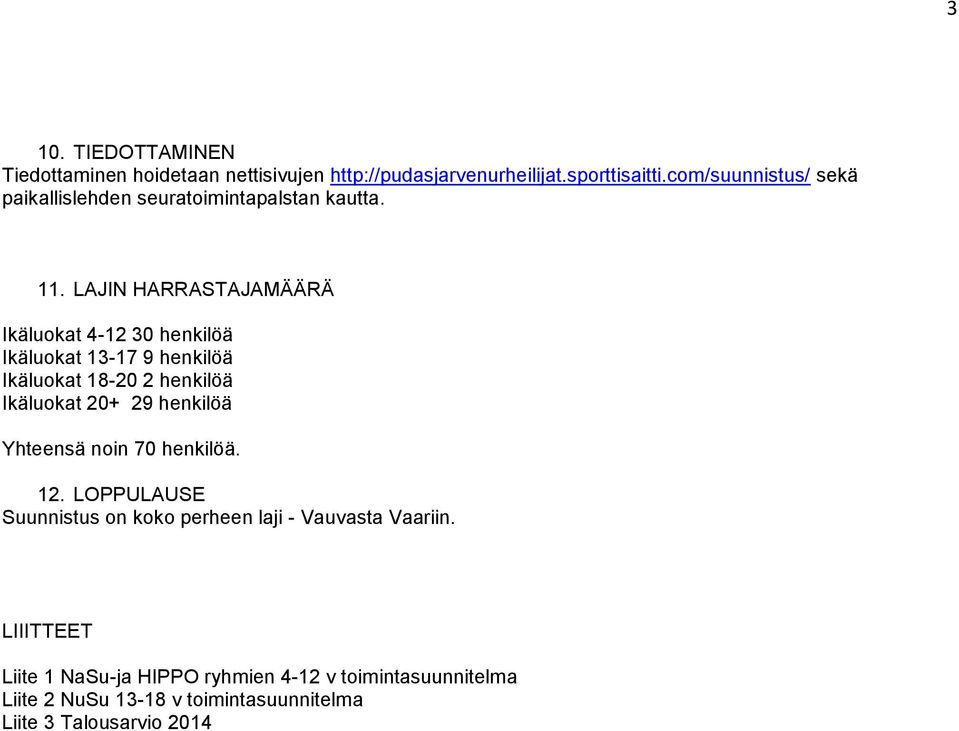 LAJIN HARRASTAJAMÄÄRÄ Ikäluokat 4-12 30 henkilöä Ikäluokat 13-17 9 henkilöä Ikäluokat 18-20 2 henkilöä Ikäluokat 20+ 29 henkilöä