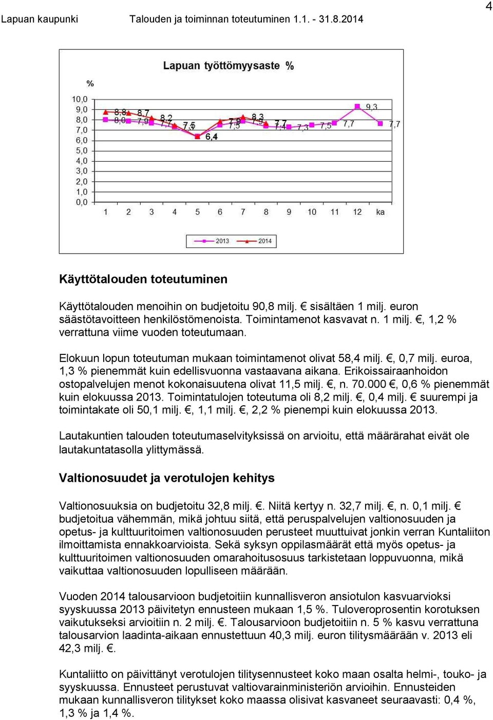 Erikoissairaanhoidon ostopalvelujen menot kokonaisuutena olivat 11,5 milj., n. 70.000, 0,6 % pienemmät kuin elokuussa 2013. Toimintatulojen toteutuma oli 8,2 milj., 0,4 milj.