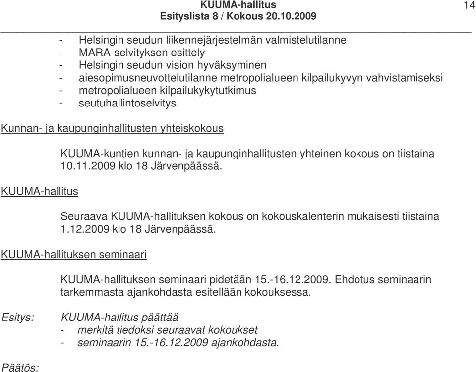 Kunnan- ja kaupunginhallitusten yhteiskokous KUUMA-hallitus KUUMA-kuntien kunnan- ja kaupunginhallitusten yhteinen kokous on tiistaina 10.11.2009 klo 18 Järvenpäässä.