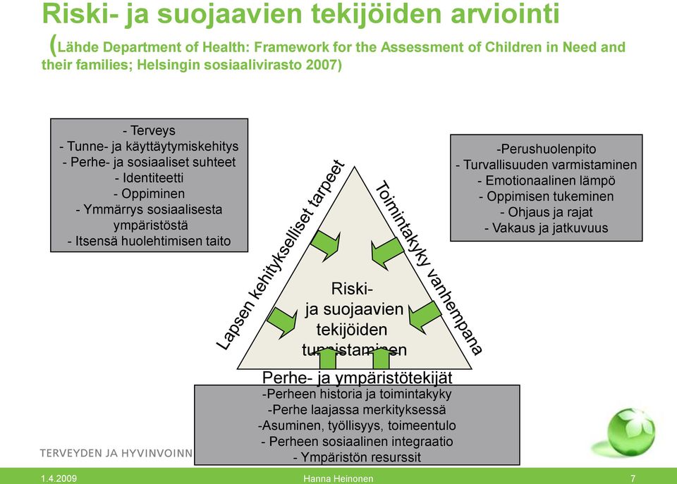 Turvallisuuden varmistaminen - Emotionaalinen lämpö - Oppimisen tukeminen - Ohjaus ja rajat - Vakaus ja jatkuvuus Riskija suojaavien tekijöiden tunnistaminen Perhe- ja