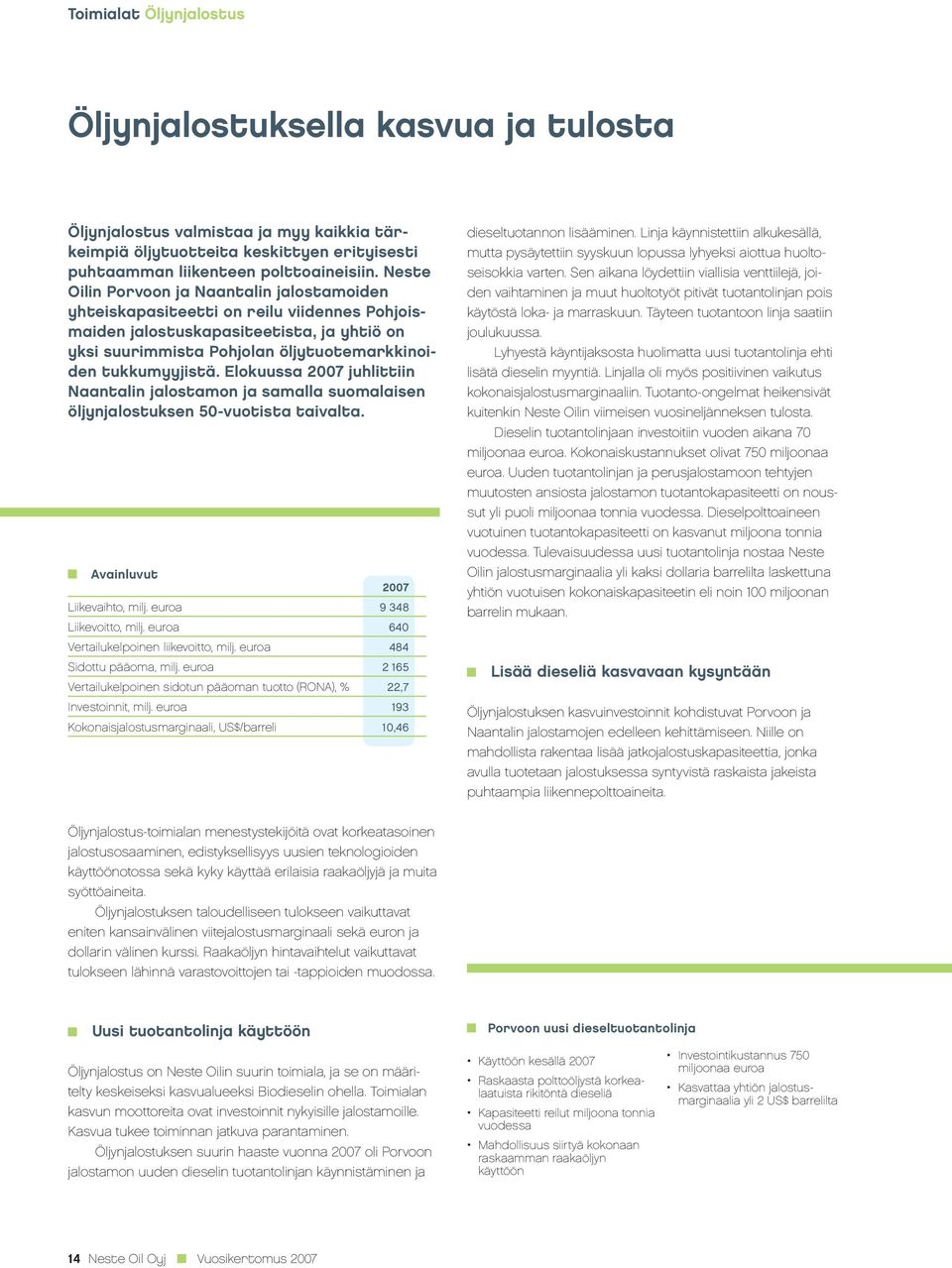 Elokuussa 2007 juhlittiin Naantalin jalostamon ja samalla suomalaisen öljynjalostuksen 50-vuotista taivalta. Avainluvut 2007 Liikevaihto, milj. euroa 9 348 Liikevoitto, milj.