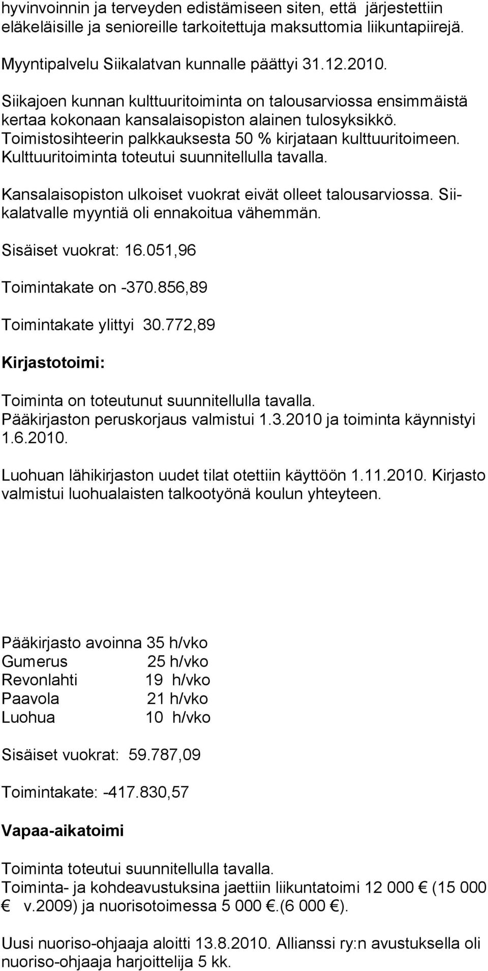 Kulttuuritoiminta toteutui suunnitellulla tavalla. Kansalaisopiston ulkoiset vuokrat eivät olleet talousarvios sa. Siikalatvalle myyntiä oli ennakoitua vähemmän. Sisäiset vuokrat: 16.