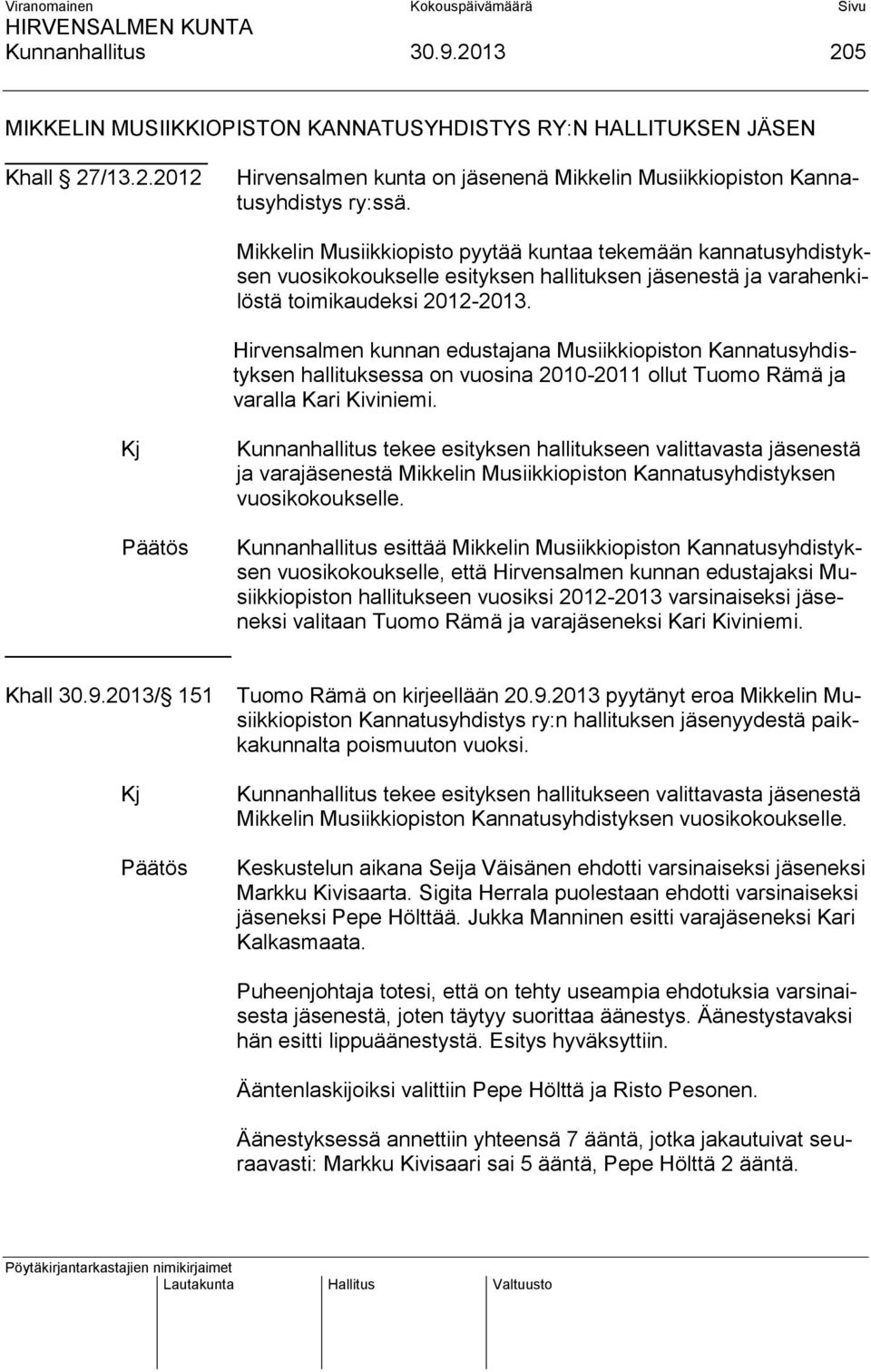 Hirvensalmen kunnan edustajana Musiikkiopiston Kannatusyhdistyksen hallituksessa on vuosina 2010-2011 ollut Tuomo Rämä ja varalla Kari Kiviniemi.
