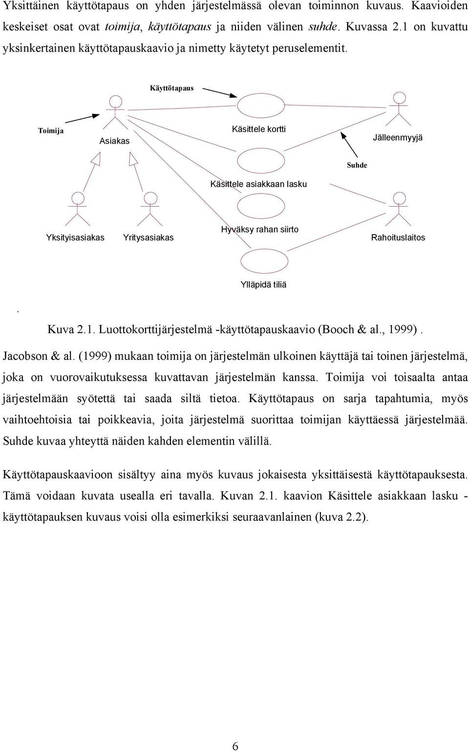 Käyttötapaus Toimija Asiakas Käsittele kortti Jälleenmyyjä Suhde Käsittele asiakkaan lasku Yksityisasiakas Yritysasiakas Hyväksy rahan siirto Rahoituslaitos Ylläpidä tiliä. Kuva 2.1.