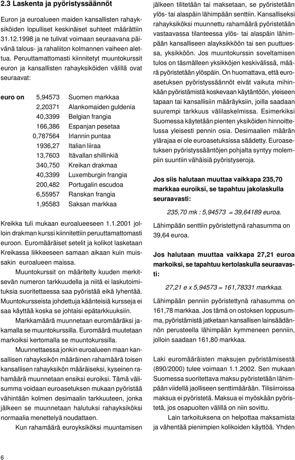 Peruuttamattomasti kiinnitetyt muuntokurssit euron ja kansallisten rahayksiköiden välillä ovat seuraavat: euro on 5,94573 Suomen markkaa 2,20371 Alankomaiden guldenia 40,3399 Belgian frangia 166,386