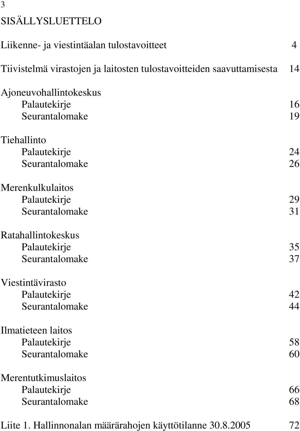 Seurantalomake 31 Ratahallintokeskus Palautekirje 35 Seurantalomake 37 Viestintävirasto Palautekirje 42 Seurantalomake 44 Ilmatieteen laitos