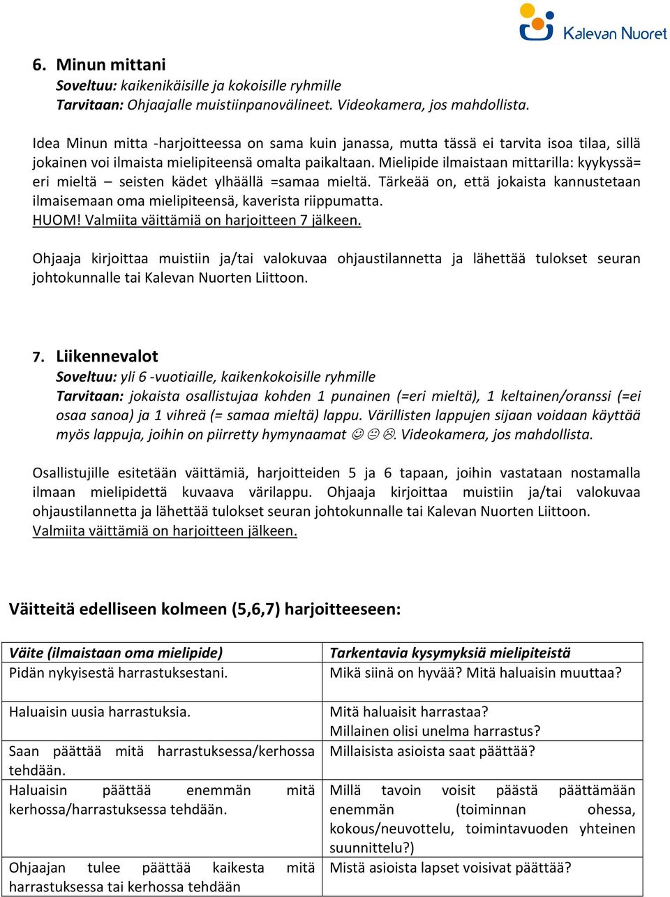 Mielipide ilmaistaan mittarilla: kyykyssä= eri mieltä seisten kädet ylhäällä =samaa mieltä. Tärkeää on, että jokaista kannustetaan ilmaisemaan oma mielipiteensä, kaverista riippumatta. HUOM!