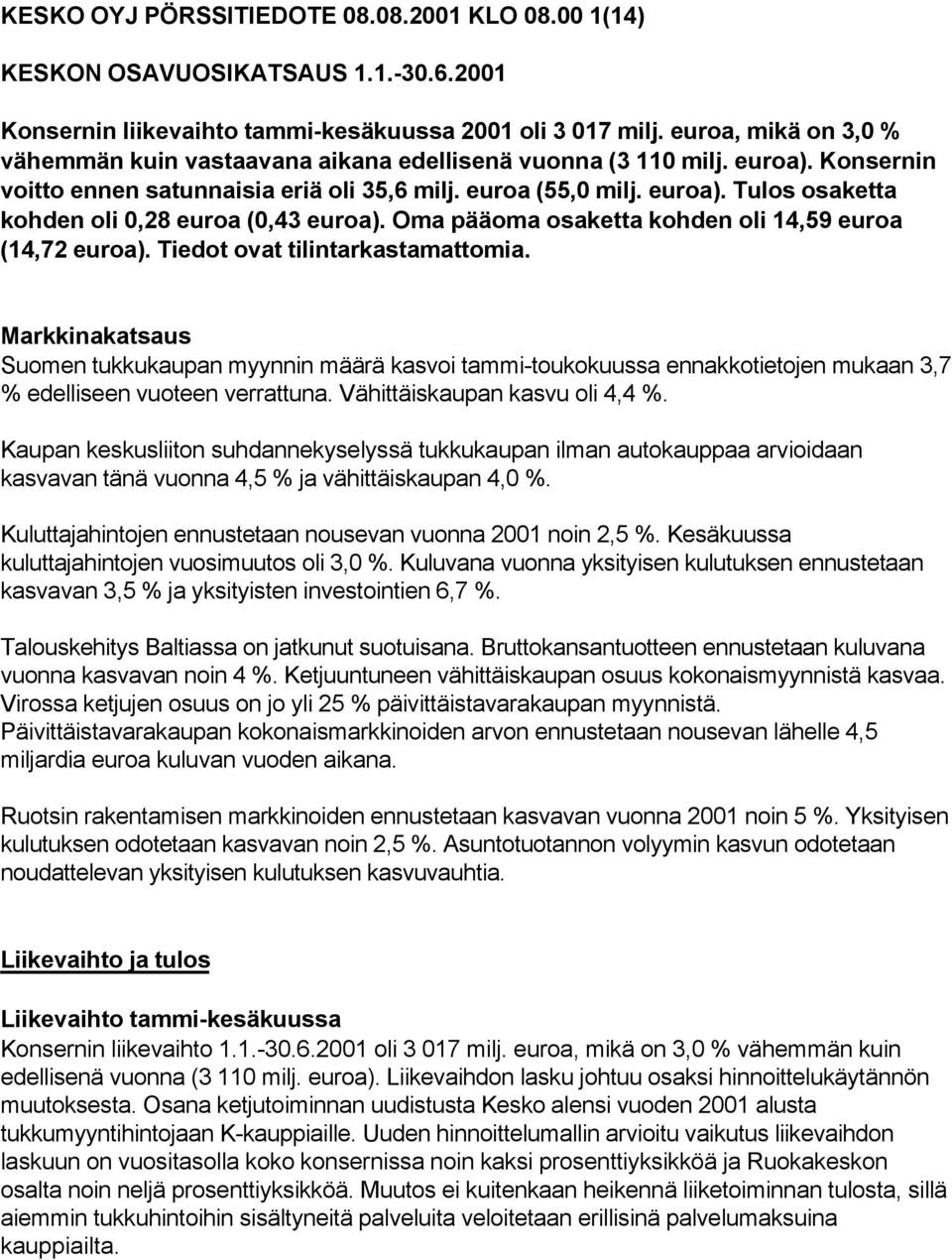 Oma pääoma osaketta kohden oli 14,59 euroa (14,72 euroa). Tiedot ovat tilintarkastamattomia.