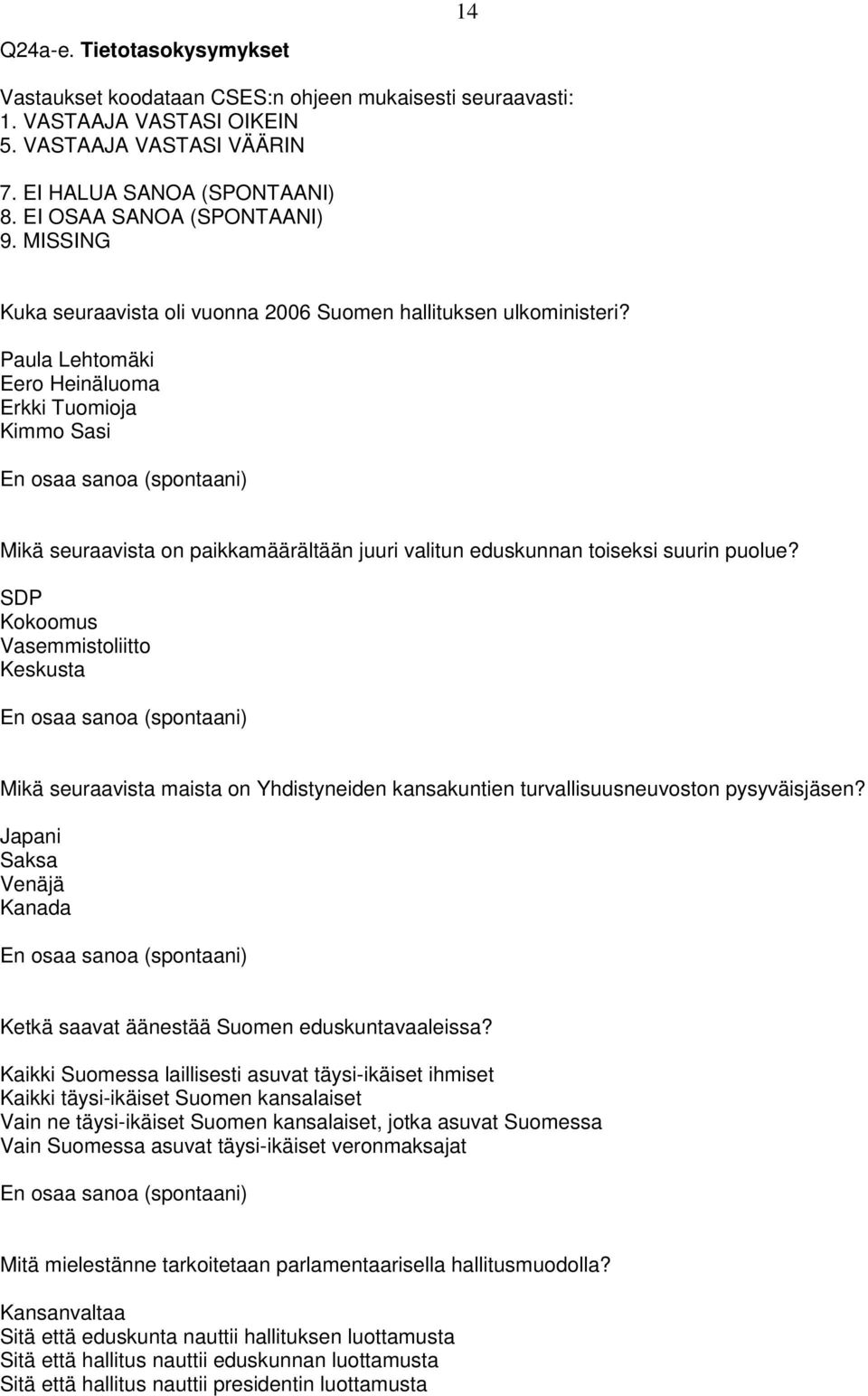 Paula Lehtomäki Eero Heinäluoma Erkki Tuomioja Kimmo Sasi En osaa sanoa (spontaani) Mikä seuraavista on paikkamäärältään juuri valitun eduskunnan toiseksi suurin puolue?
