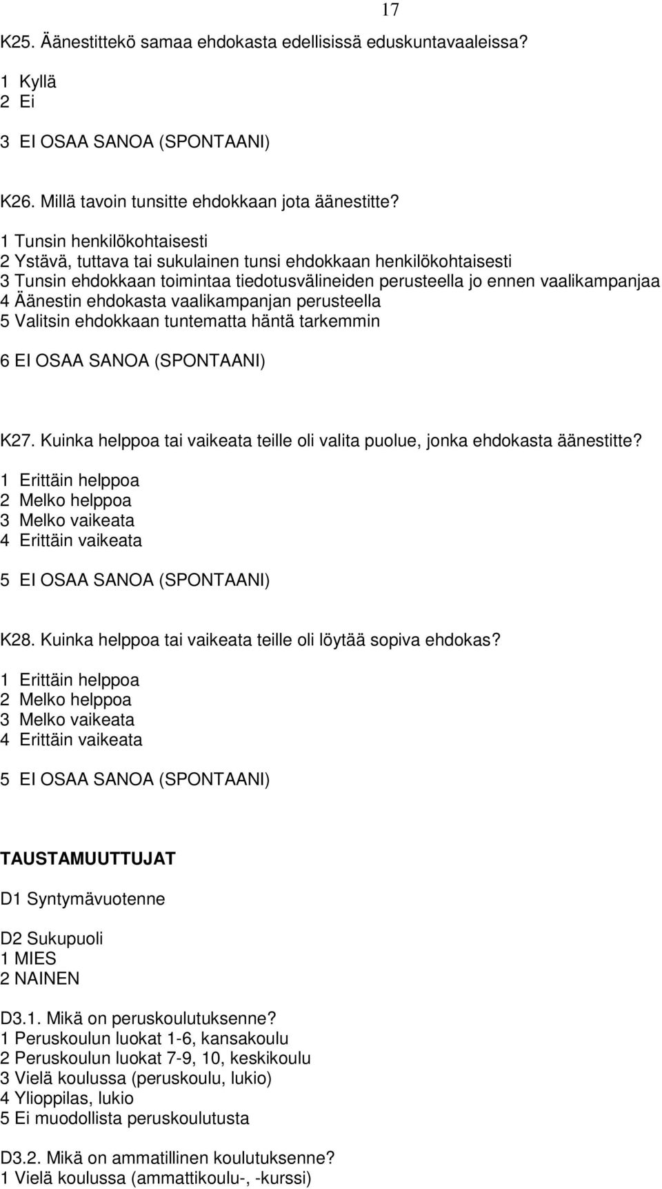 ehdokasta vaalikampanjan perusteella 5 Valitsin ehdokkaan tuntematta häntä tarkemmin 6 EI OSAA SANOA (SPONTAANI) K27. Kuinka helppoa tai vaikeata teille oli valita puolue, jonka ehdokasta äänestitte?