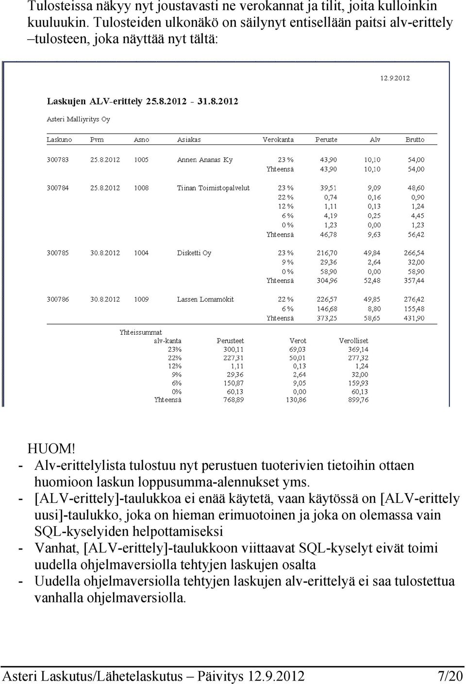 - [ALV-erittely]-taulukkoa ei enää käytetä, vaan käytössä on [ALV-erittely uusi]-taulukko, joka on hieman erimuotoinen ja joka on olemassa vain SQL-kyselyiden helpottamiseksi - Vanhat,