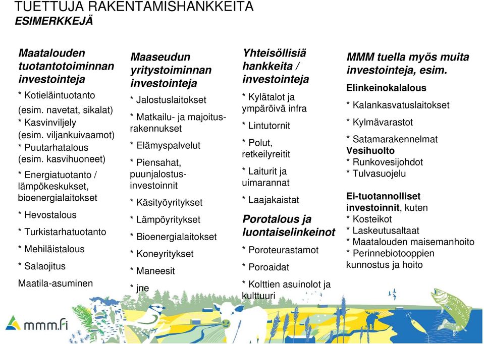 Jalostuslaitokset * Matkailu- ja majoitusrakennukset * Elämyspalvelut * Piensahat, puunjalostusinvestoinnit * Käsityöyritykset * Lämpöyritykset * Bioenergialaitokset * Koneyritykset * Maneesit * jne