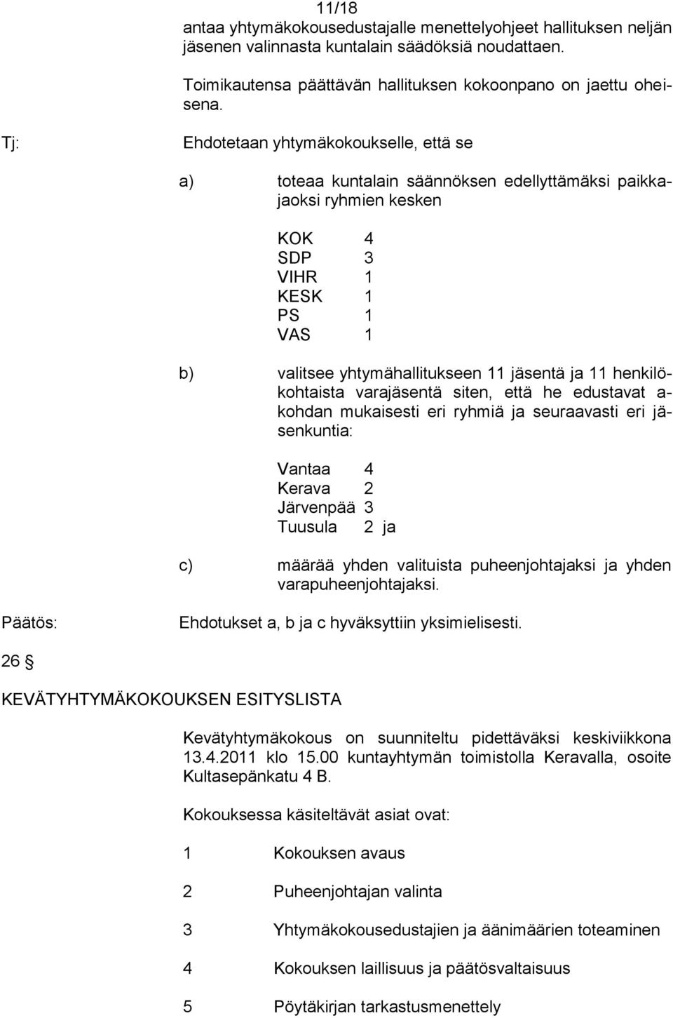henkilökohtaista varajäsentä siten, että he edustavat a- kohdan mukaisesti eri ryhmiä ja seuraavasti eri jäsenkuntia: Vantaa 4 Kerava 2 Järvenpää 3 Tuusula 2 ja c) määrää yhden valituista