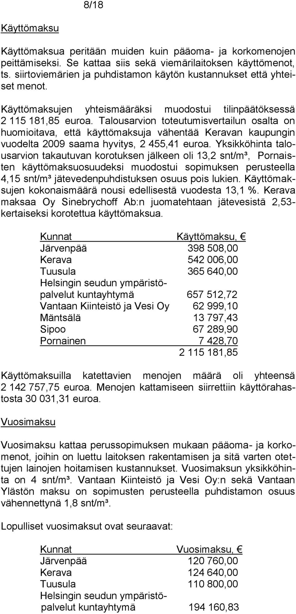 Talousarvion toteutumisvertailun osalta on huomioitava, että käyttömaksuja vähentää Keravan kaupungin vuodelta 2009 saama hyvitys, 2 455,41 euroa.