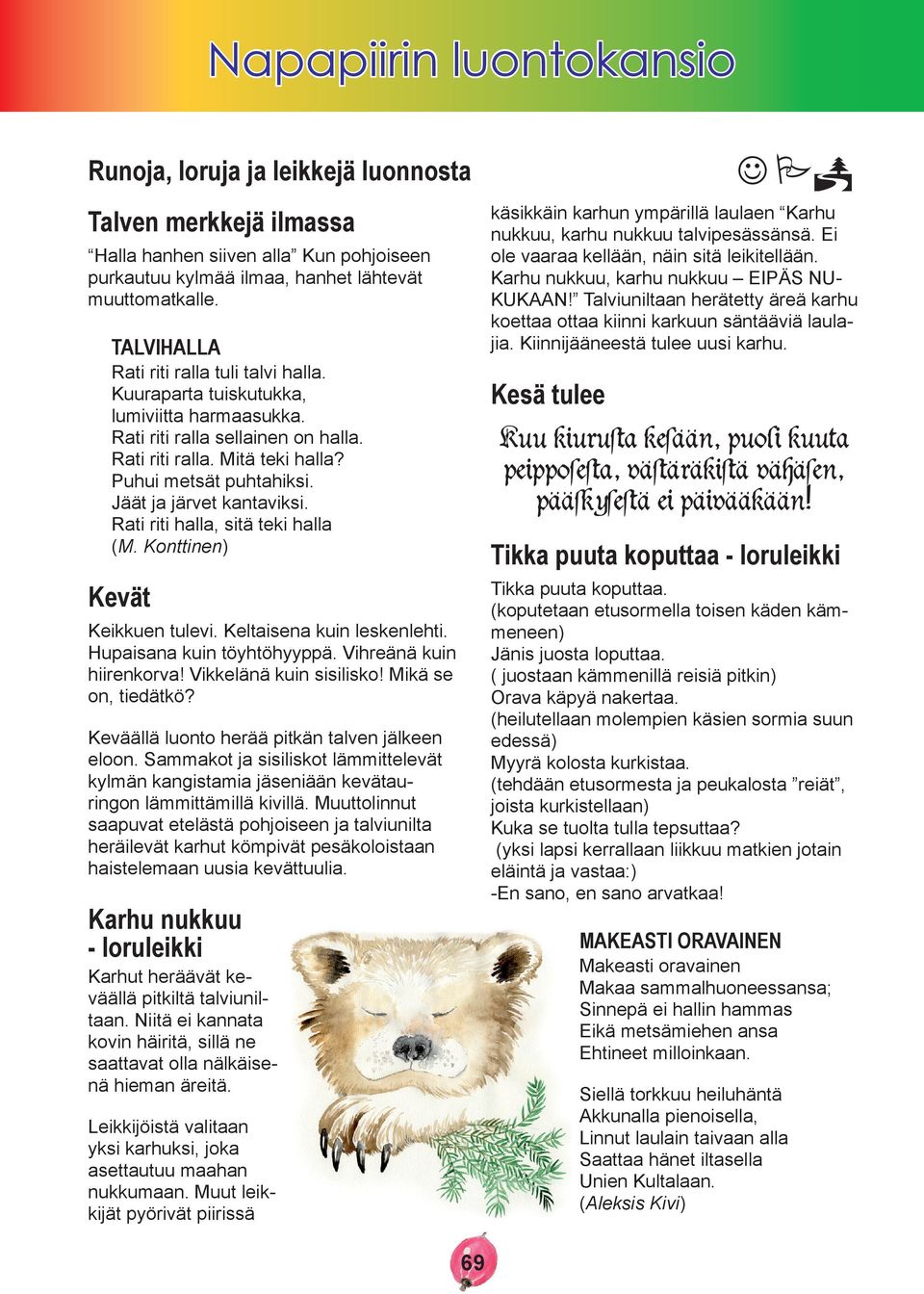 Jäät ja järvet kantaviksi. Rati riti halla, sitä teki halla (M. Konttinen) Kevät Keikkuen tulevi. Keltaisena kuin leskenlehti. Hupaisana kuin töyhtöhyyppä. Vihreänä kuin hiirenkorva!