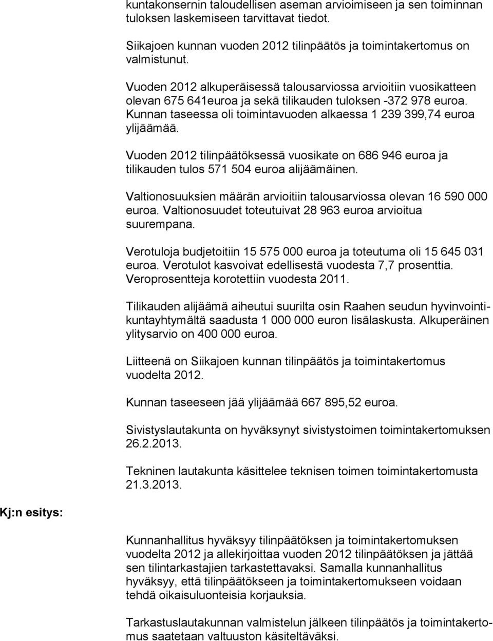 Kunnan taseessa oli toimintavuoden al kaes sa 1 239 399,74 euroa ylijäämää. Vuoden 2012 tilinpäätöksessä vuosikate on 686 946 euroa ja tilikauden tulos 571 504 euroa alijäämäinen.