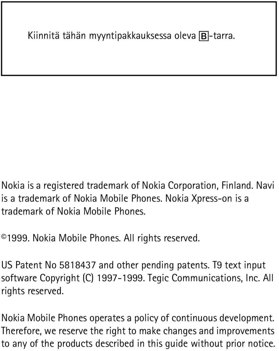 US Patent No 5818437 and other pending patents. T9 text input software Copyright (C) 1997-1999. Tegic Communications, Inc. All rights reserved.