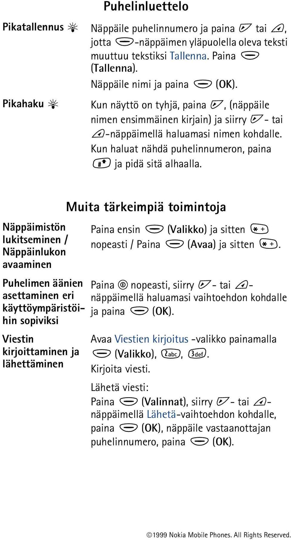 Muita tärkeimpiä toimintoja Näppäimistön Paina ensin (Valikko) ja sitten lukitseminen / nopeasti / Paina (Avaa) ja sitten.