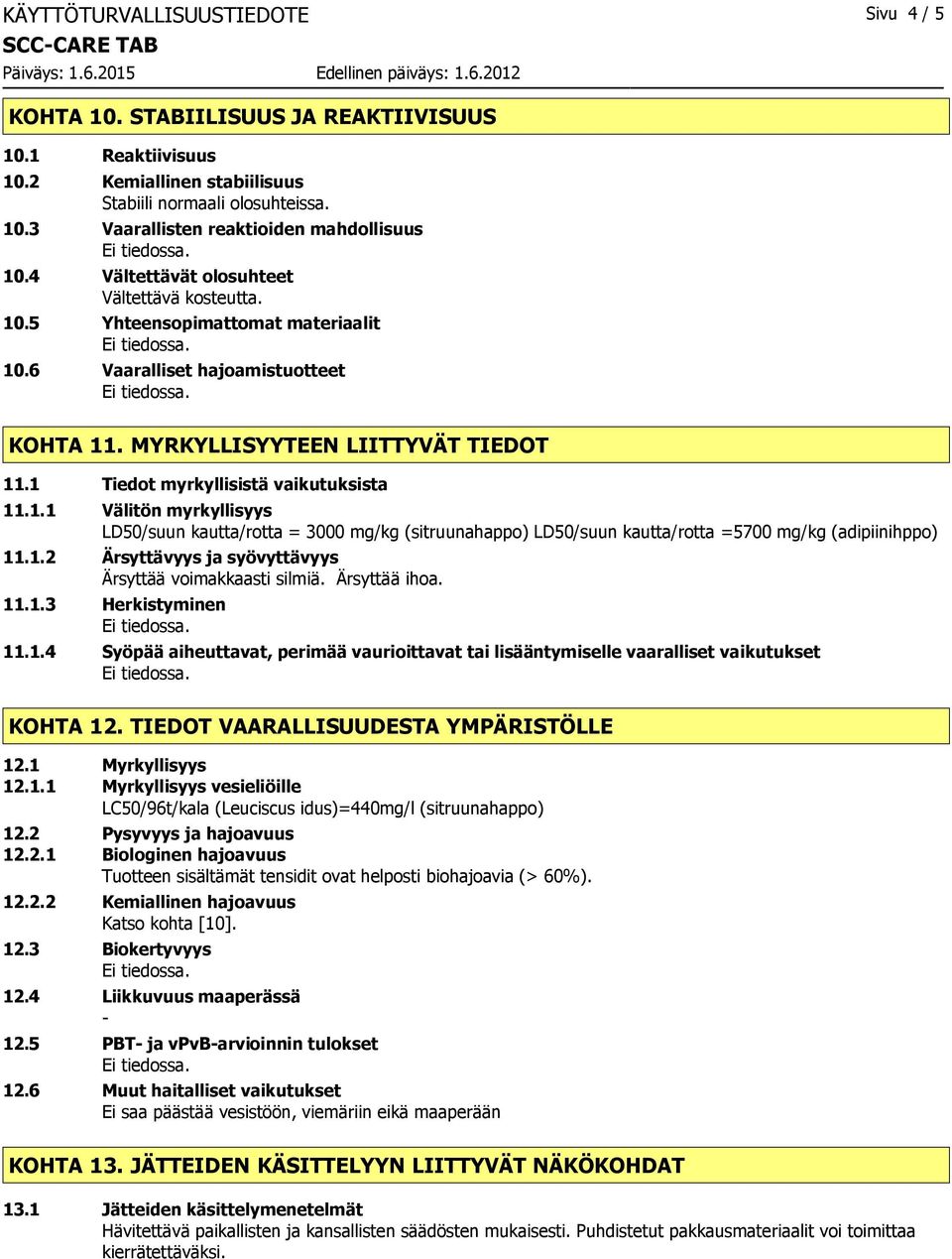 1 Tiedot myrkyllisistä vaikutuksista 11.1.1 Välitön myrkyllisyys LD50/suun kautta/rotta = 3000 mg/kg (sitruunahappo) LD50/suun kautta/rotta =5700 mg/kg (adipiinihppo) 11.1.2 Ärsyttävyys ja syövyttävyys Ärsyttää voimakkaasti silmiä.