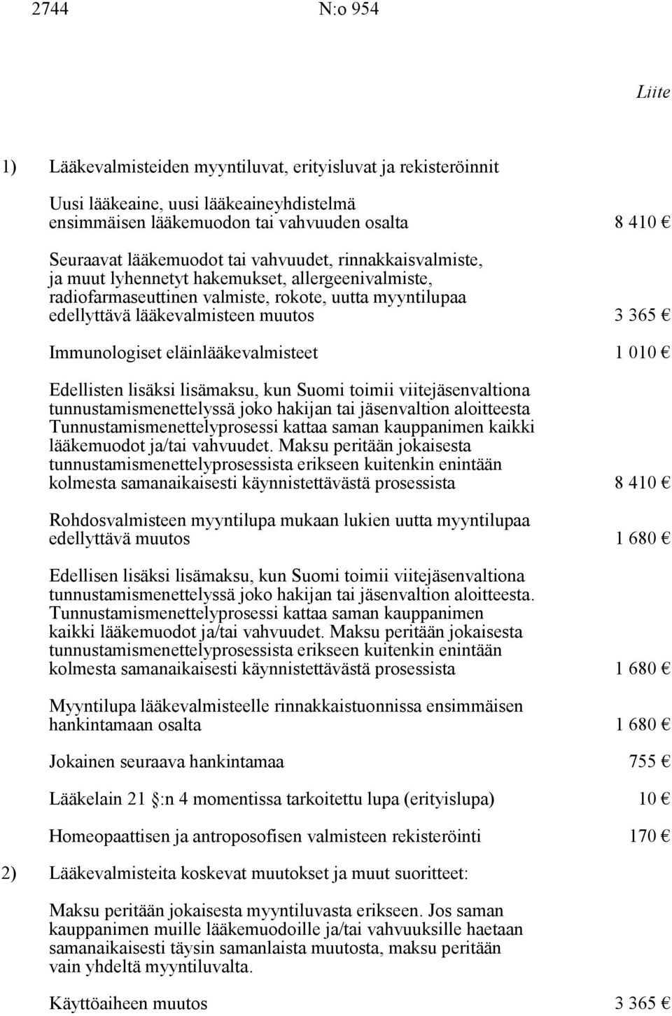 eläinlääkevalmisteet 1 010 Edellisten lisäksi lisämaksu, kun Suomi toimii viitejäsenvaltiona tunnustamismenettelyssä joko hakijan tai jäsenvaltion aloitteesta Tunnustamismenettelyprosessi kattaa