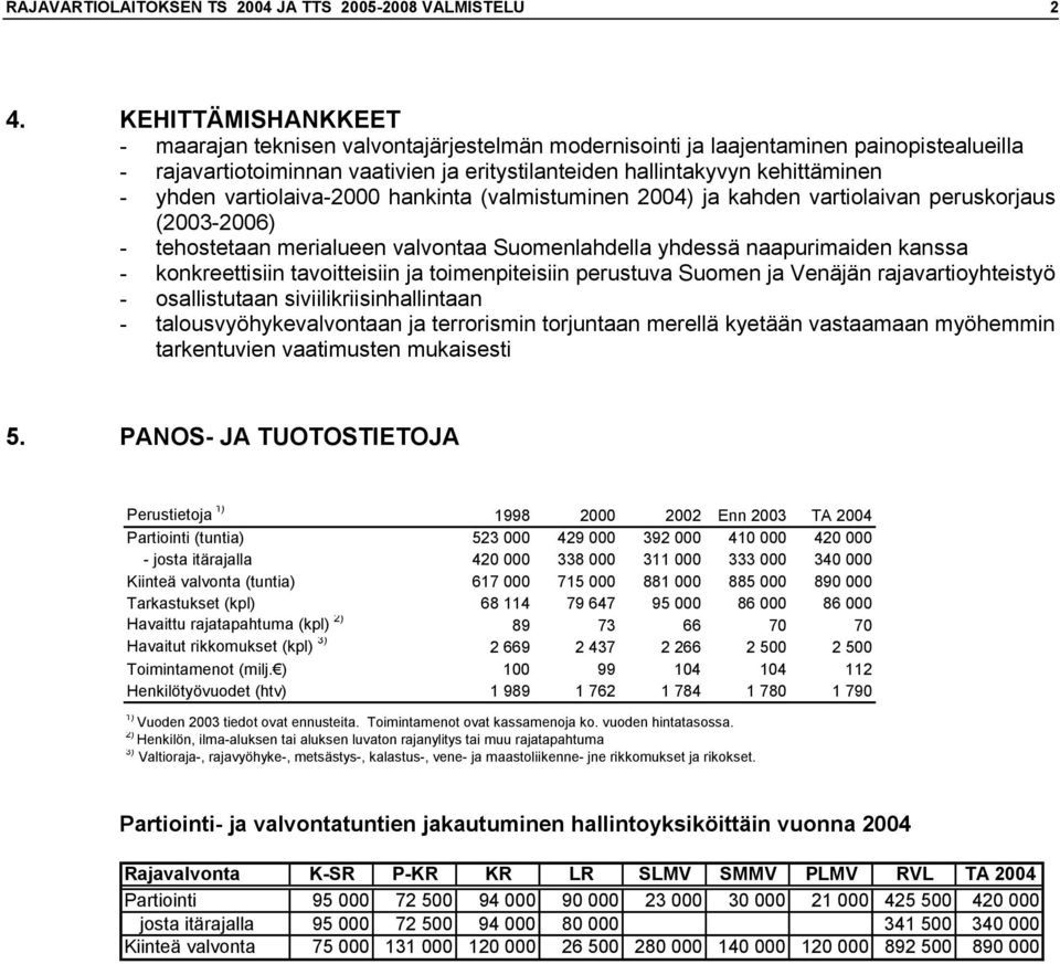 vartiolaiva-2000 hankinta (valmistuminen 2004) ja kahden vartiolaivan peruskorjaus (2003-2006) - tehostetaan merialueen valvontaa Suomenlahdella yhdessä naapurimaiden kanssa - konkreettisiin