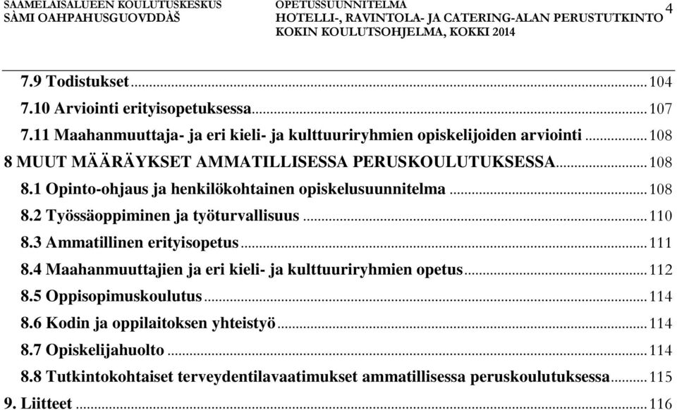 .. 110 8.3 Ammatillinen erityisopetus... 111 8.4 Maahanmuuttajien ja eri kieli- ja kulttuuriryhmien opetus... 112 8.5 Oppisopimuskoulutus... 114 8.