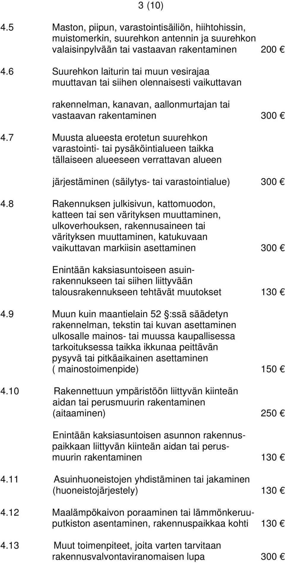 7 Muusta alueesta erotetun suurehkon varastointi- tai pysäköintialueen taikka tällaiseen alueeseen verrattavan alueen järjestäminen (säilytys- tai varastointialue) 300 4.