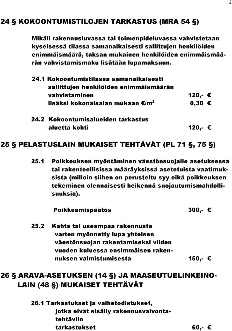 1 Kokoontumistilassa samanaikaisesti sallittujen henkilöiden enimmäismäärän vahvistaminen 120,- lisäksi kokonaisalan mukaan /m 2 0,30 24.