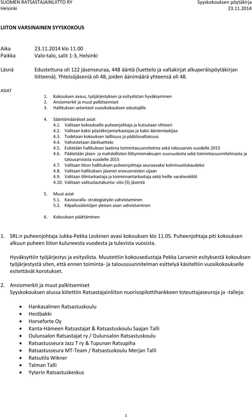 Yhteisöjäseniä oli 48, joiden äänimäärä yhteensä oli 48. 1. Kokouksen avaus, työjärjestyksen ja esityslistan hyväksyminen 2. Ansiomerkit ja muut palkitsemiset 3.