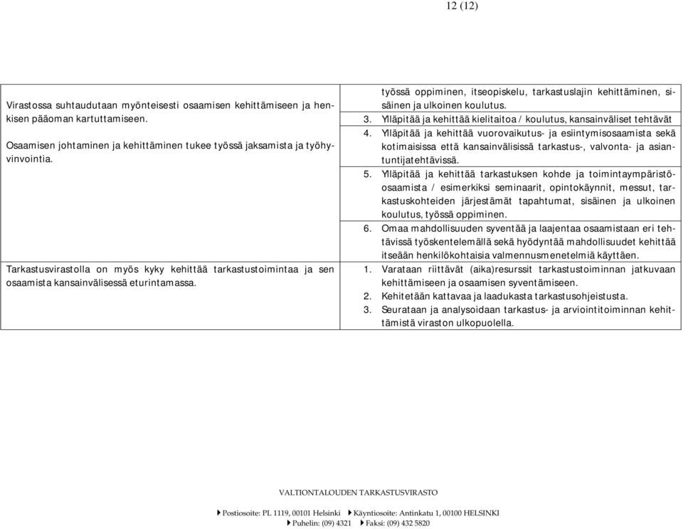työssä oppiminen, itseopiskelu, tarkastuslajin kehittäminen, sisäinen ja ulkoinen koulutus. 3. Ylläpitää ja kehittää kielitaitoa / koulutus, kansainväliset tehtävät 4.