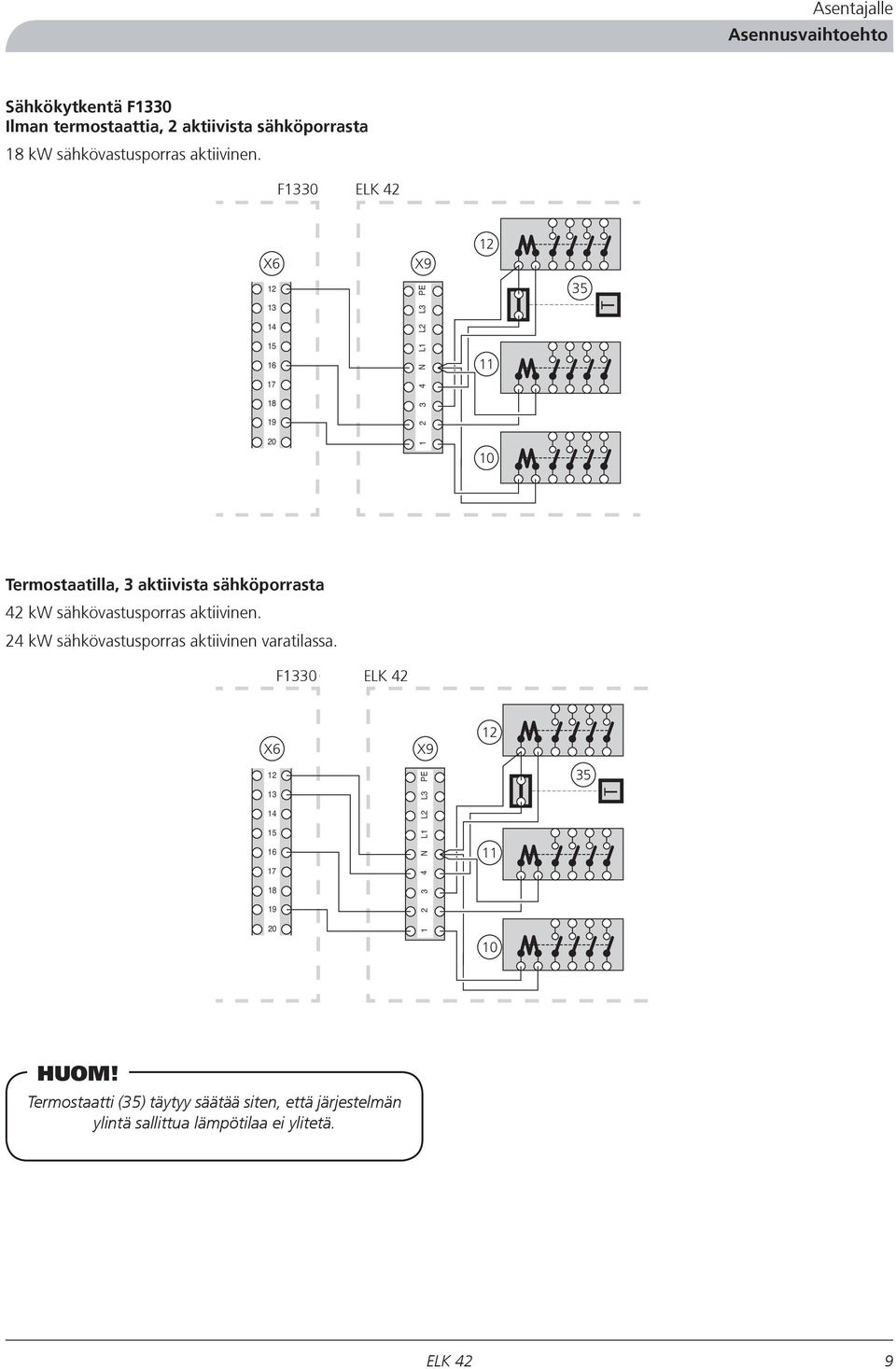 F1330 X6 13 14 15 16 17 18 19 20 X9 1 2 3 4 N L1 L2 L3 PE 11 10 35 T Termostaatilla, 3 aktiivista sähköporrasta 42 kw