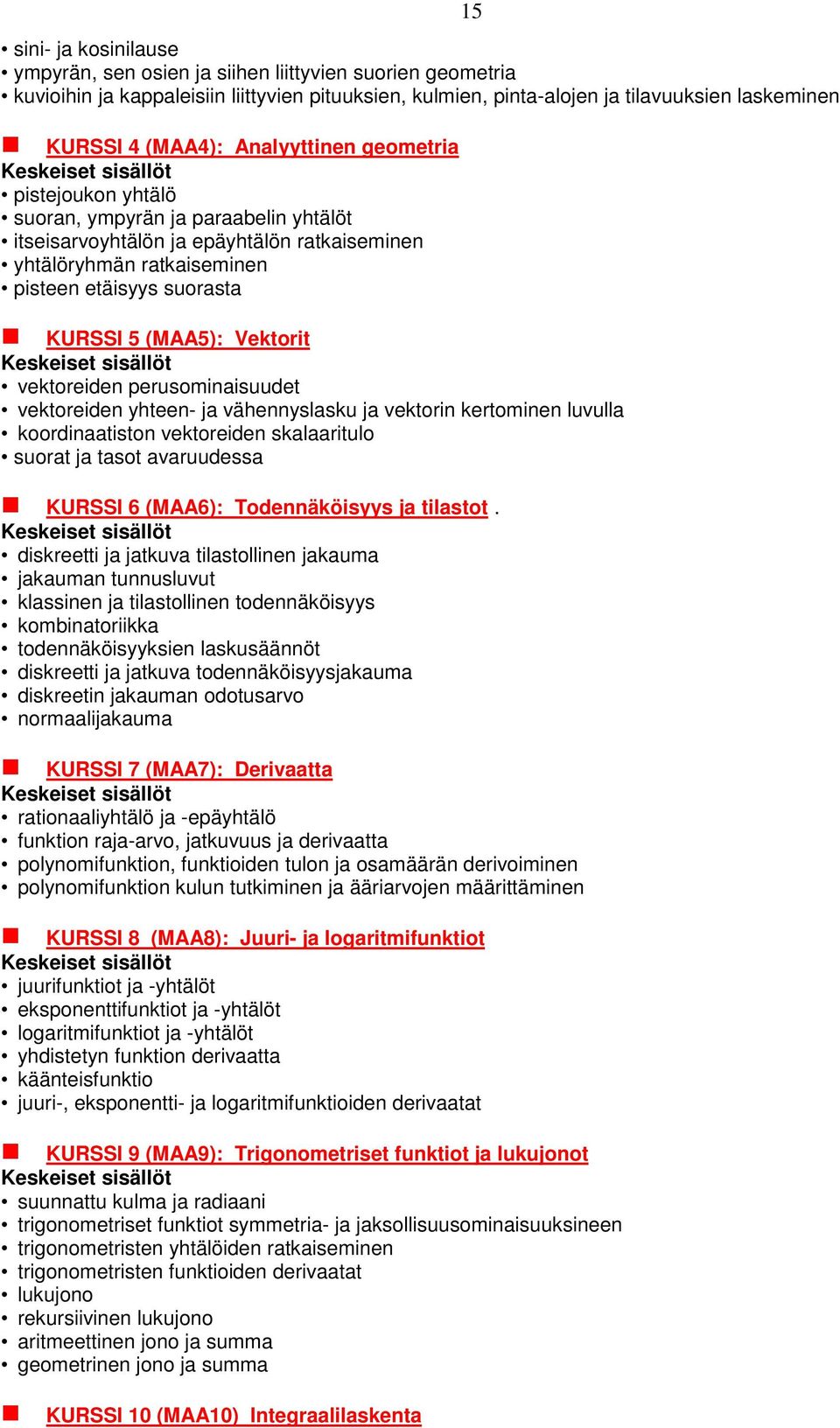Vektorit vektoreiden perusominaisuudet vektoreiden yhteen- ja vähennyslasku ja vektorin kertominen luvulla koordinaatiston vektoreiden skalaaritulo suorat ja tasot avaruudessa 15 KURSSI 6 (MAA6):