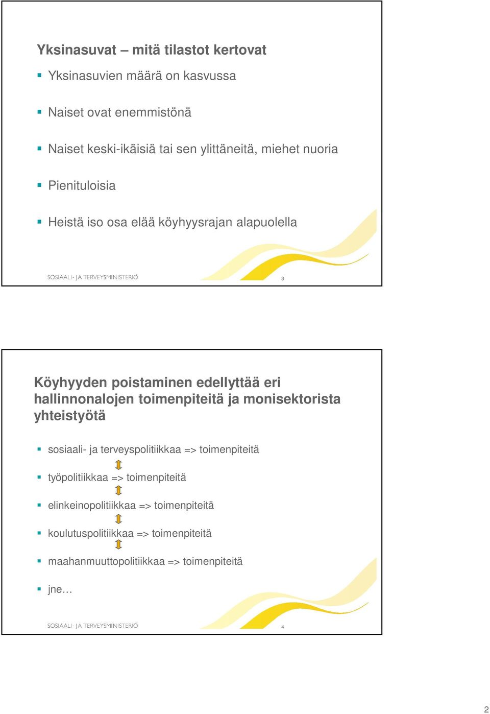 hallinnonalojen toimenpiteitä ja monisektorista yhteistyötä sosiaali- ja terveyspolitiikkaa => toimenpiteitä työpolitiikkaa =>