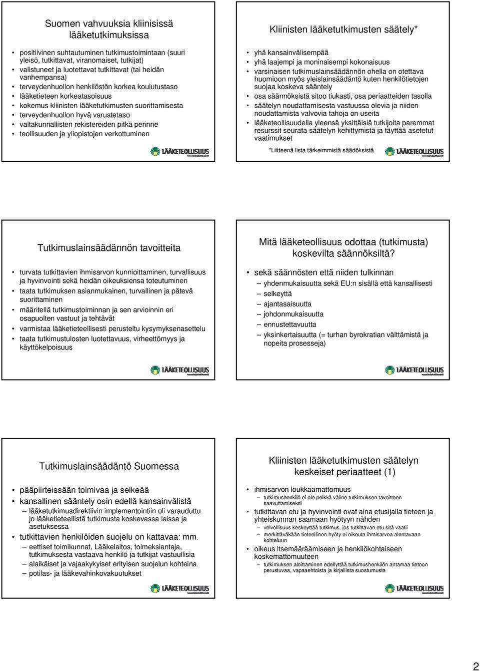 rekistereiden pitkä perinne teollisuuden ja yliopistojen verkottuminen Kliinisten lääketutkimusten säätely* yhä kansainvälisempää yhä laajempi ja moninaisempi kokonaisuus varsinaisen