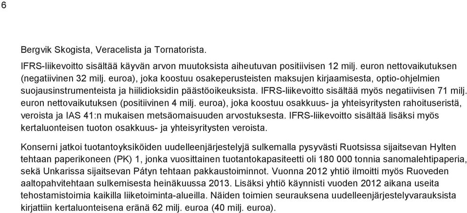 euron nettovaikutuksen (positiivinen 4 milj. euroa), joka koostuu osakkuus- ja yhteisyritysten rahoituseristä, veroista ja IAS 41:n mukaisen metsäomaisuuden arvostuksesta.