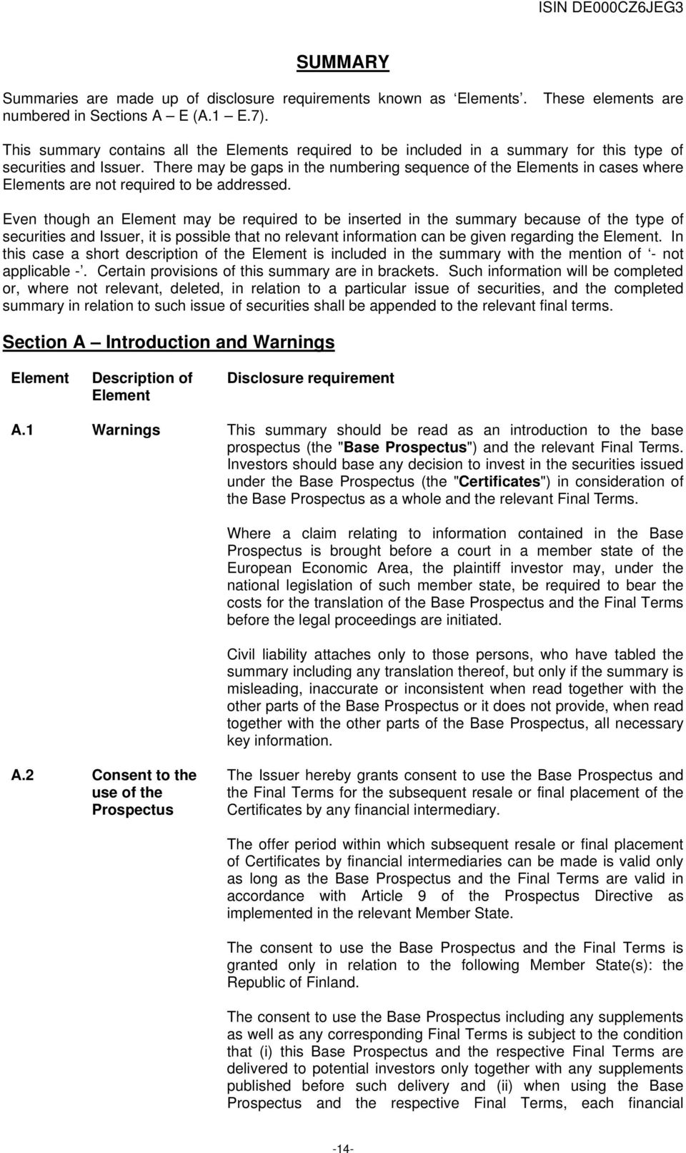 There may be gaps in the numbering sequence of the Elements in cases where Elements are not required to be addressed.