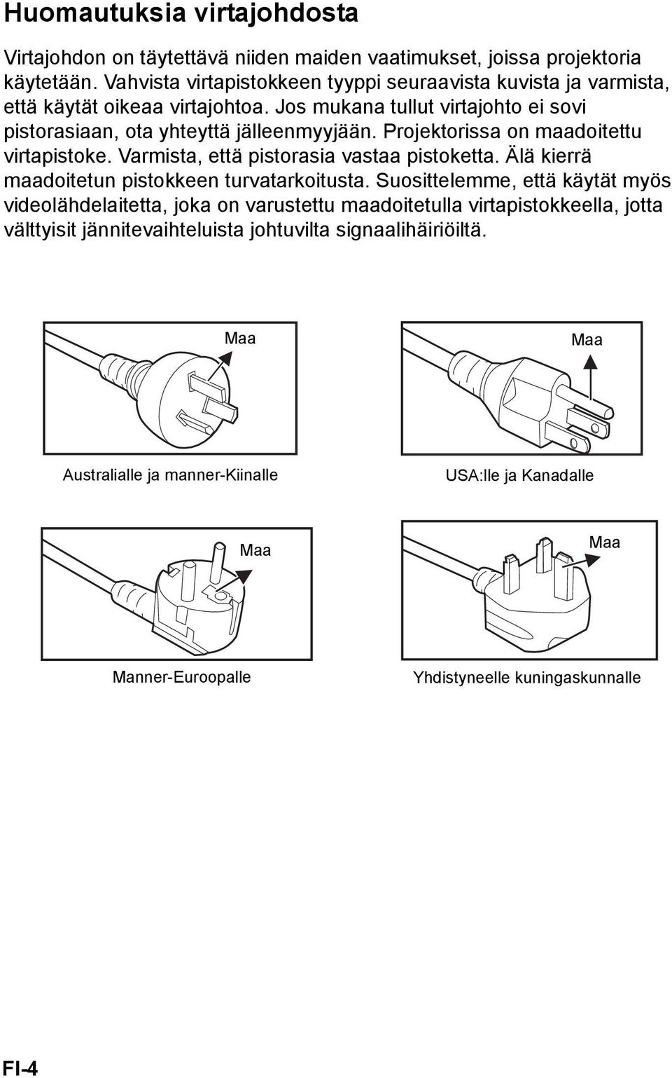 Projektorissa on maadoitettu virtapistoke. Varmista, että pistorasia vastaa pistoketta. Älä kierrä maadoitetun pistokkeen turvatarkoitusta.