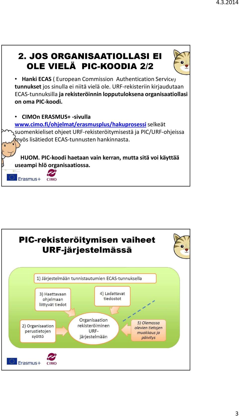 cimo.fi/ohjelmat/erasmusplus/hakuprosessiselkeät suomenkieliset ohjeet URF-rekisteröitymisestä ja PIC/URF-ohjeissa myös lisätiedot ECAS-tunnusten