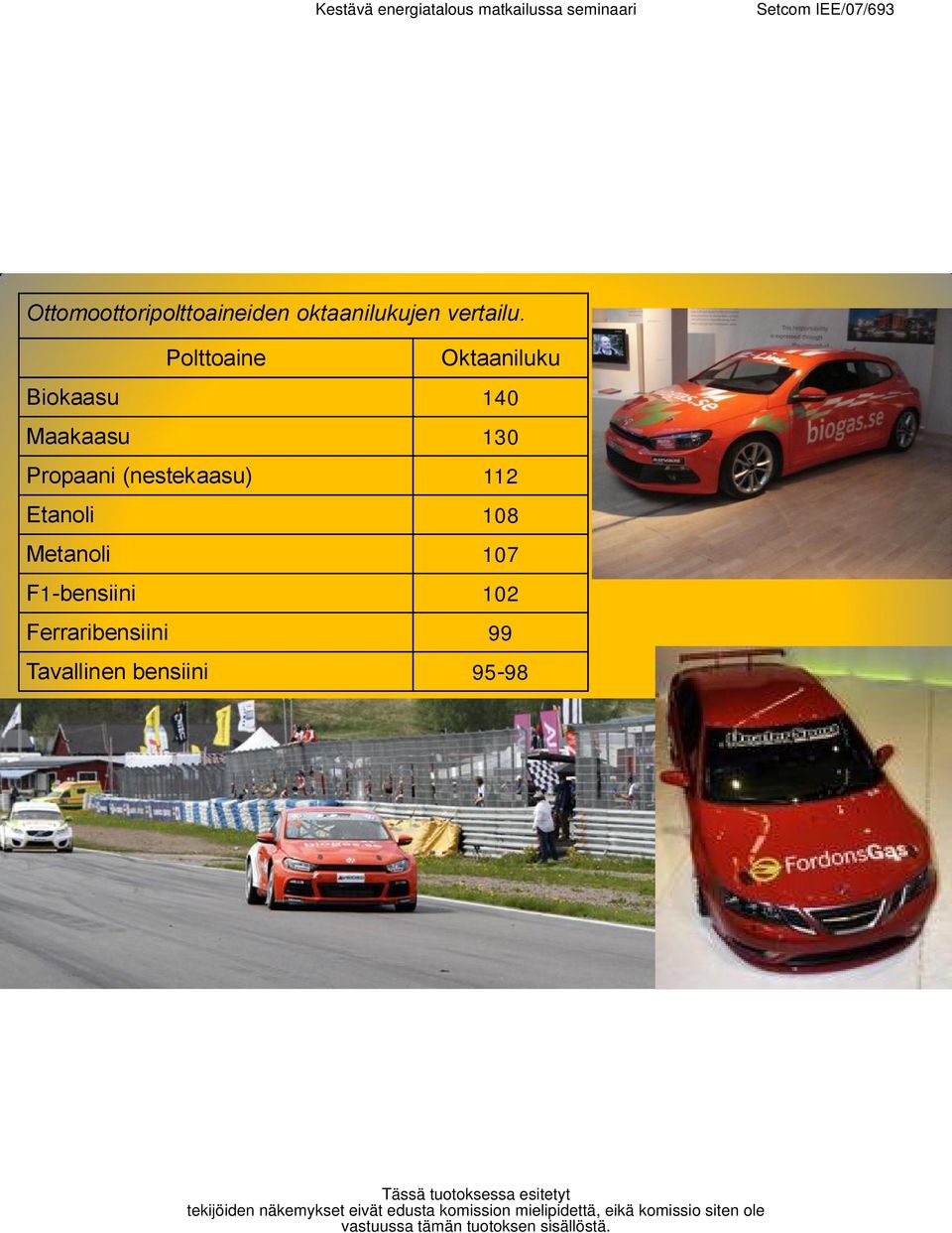 Propaani (nestekaasu) 112 Etanoli 108 Metanoli 107