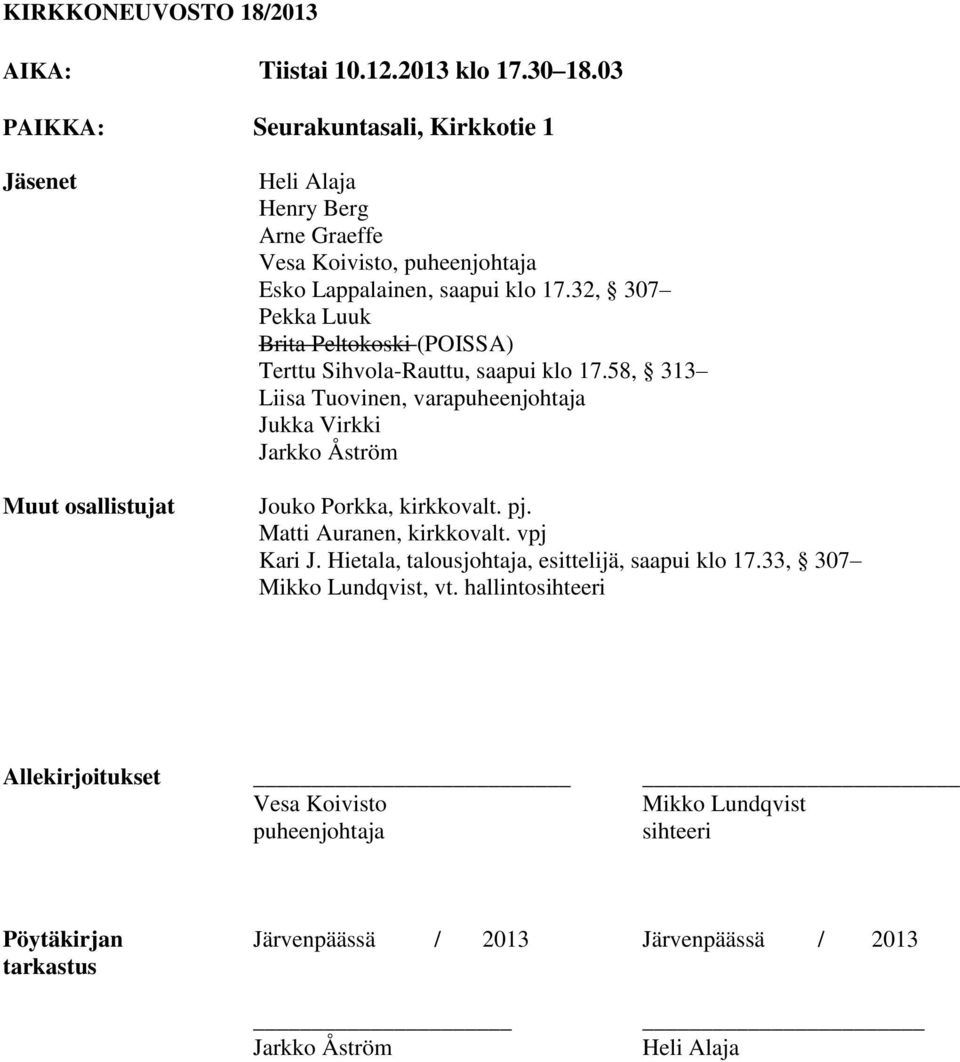 32, 307 Pekka Luuk Brita Peltokoski (POISSA) Terttu Sihvola-Rauttu, saapui klo 17.