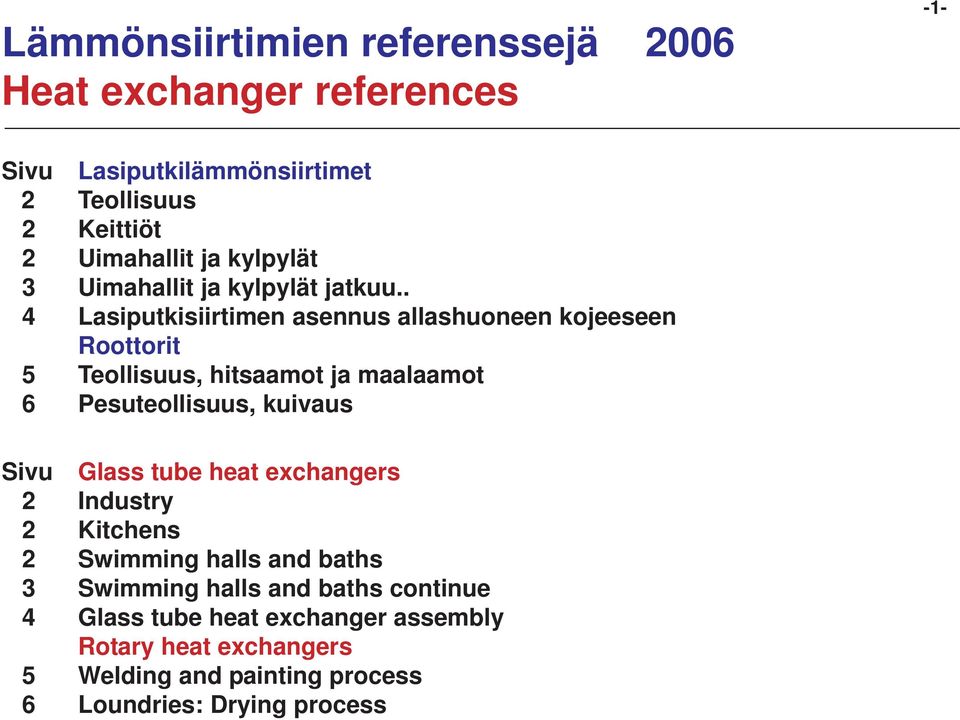 . 4 Lasiputkisiirtimen asennus allashuoneen kojeeseen Roottorit 5 Teollisuus, hitsaamot ja maalaamot 6 Pesuteollisuus, kuivaus Sivu