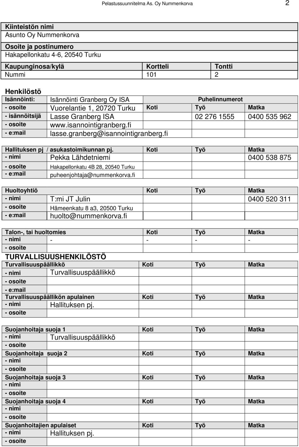 Oy ISA Puhelinnumerot - osoite Vuorelantie 1, 20720 Turku Koti Työ Matka - isännöitsijä Lasse Granberg ISA 02 276 1555 0400 535 962 - osoite www.isannointigranberg.fi - e:mail lasse.