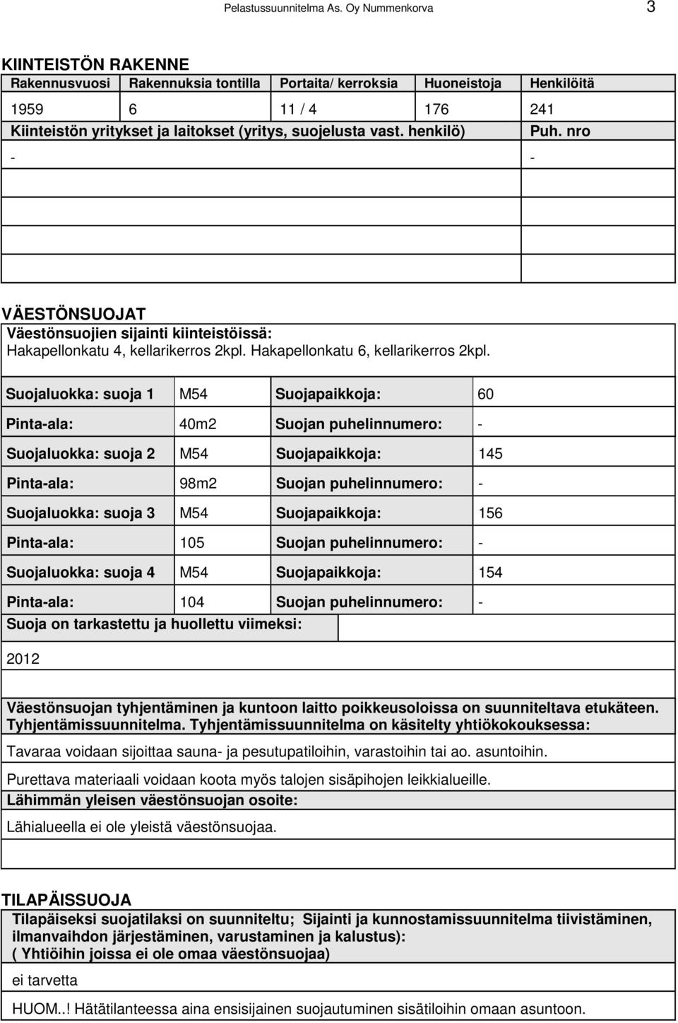 henkilö) - - Puh. nro VÄESTÖNSUOJAT Väestönsuojien sijainti kiinteistöissä: Hakapellonkatu 4, kellarikerros 2kpl. Hakapellonkatu 6, kellarikerros 2kpl.