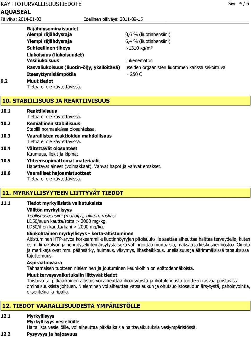 STABIILISUUS JA REAKTIIVISUUS 10.1 Reaktiivisuus 10.2 Kemiallinen stabiilisuus Stabiili normaaleissa olosuhteissa. 10.3 Vaarallisten reaktioiden mahdollisuus 10.