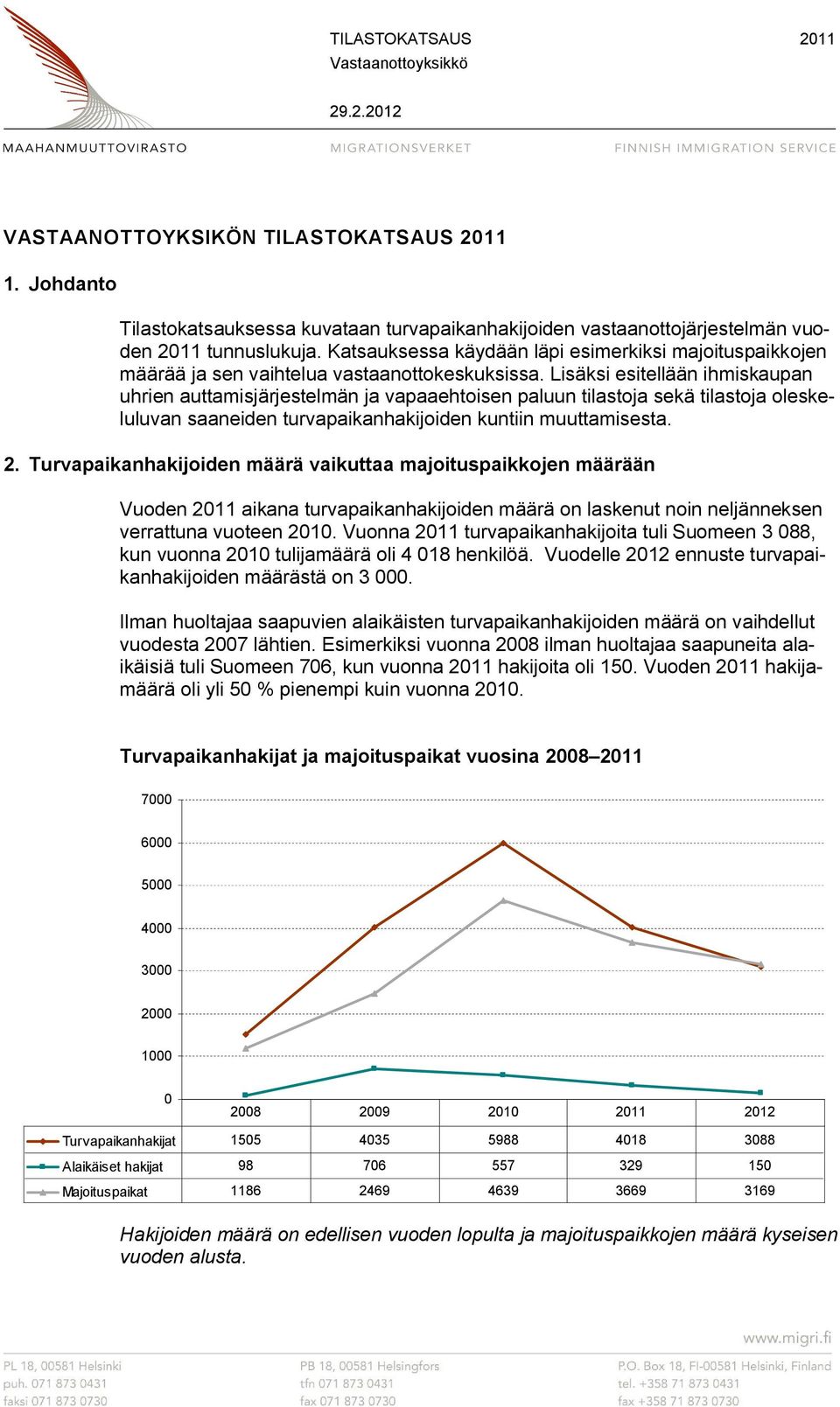 Lisäksi esitellään ihmiskaupan uhrien auttamisjärjestelmän ja vapaaehtoisen paluun tilastoja sekä tilastoja oleskeluluvan saaneiden turvapaikanhakijoiden kuntiin muuttamisesta. 2.