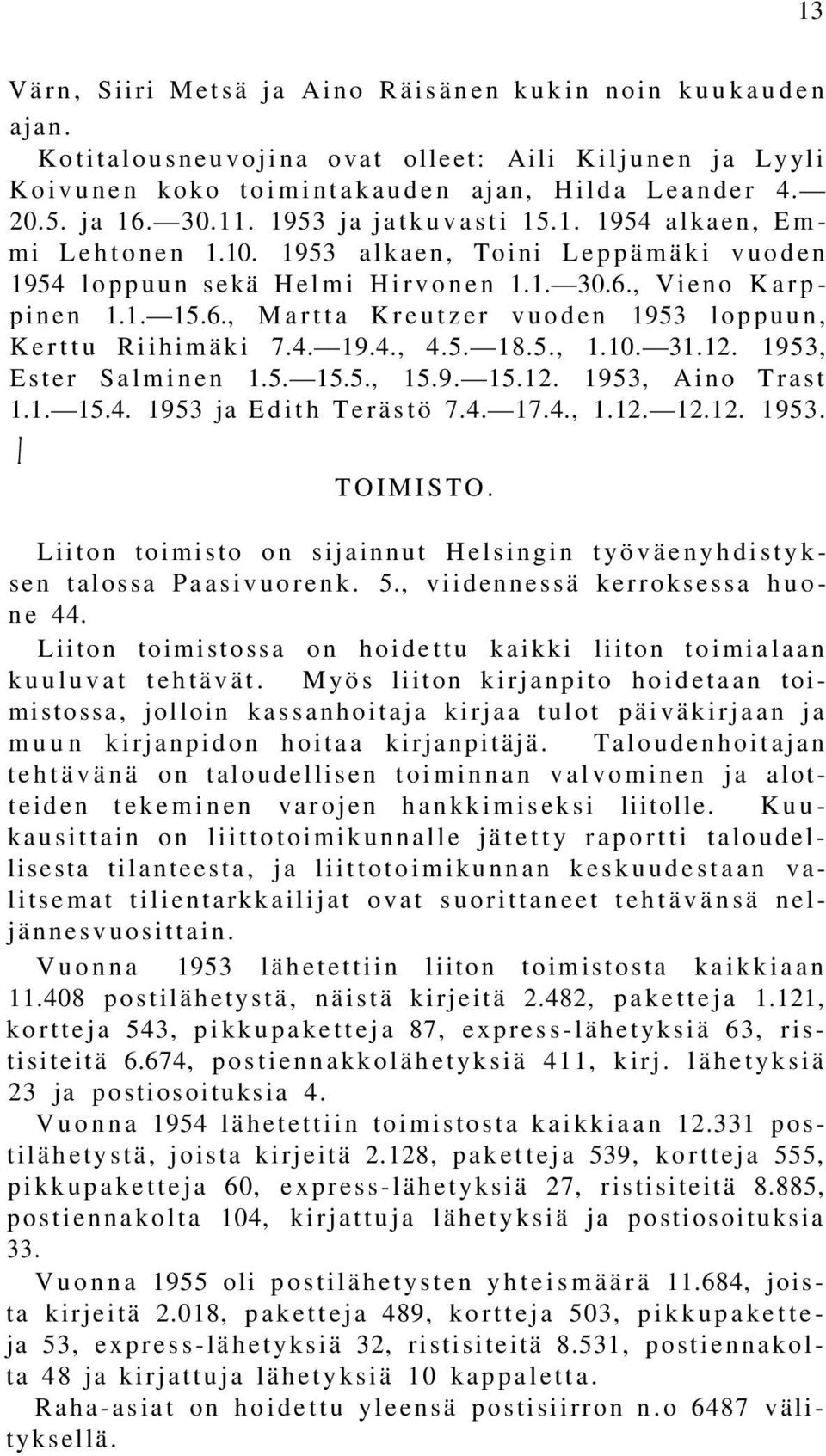 4. 19.4., 4.5. 18.5., 1.10. 31.12. 1953, Ester Salminen 1.5. 15.5., 15.9. 15.12. 1953, Aino Trast 1.1. 15.4. 1953 ja Edith Terästö 7.4. 17.4., 1.12. 12.12. 1953. I TOIMISTO.